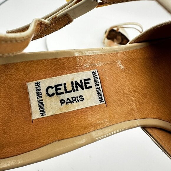 Celine Women Size EU 37.5 US 7 Cream Tan Pointed Toe T strap Heel Pump Sandal - Picture 12 of 16